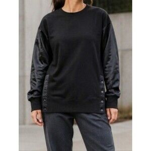 Athleta Sweatshirt S Black Retroplush Velvet Crew Neck Side Buttons Royalcore At